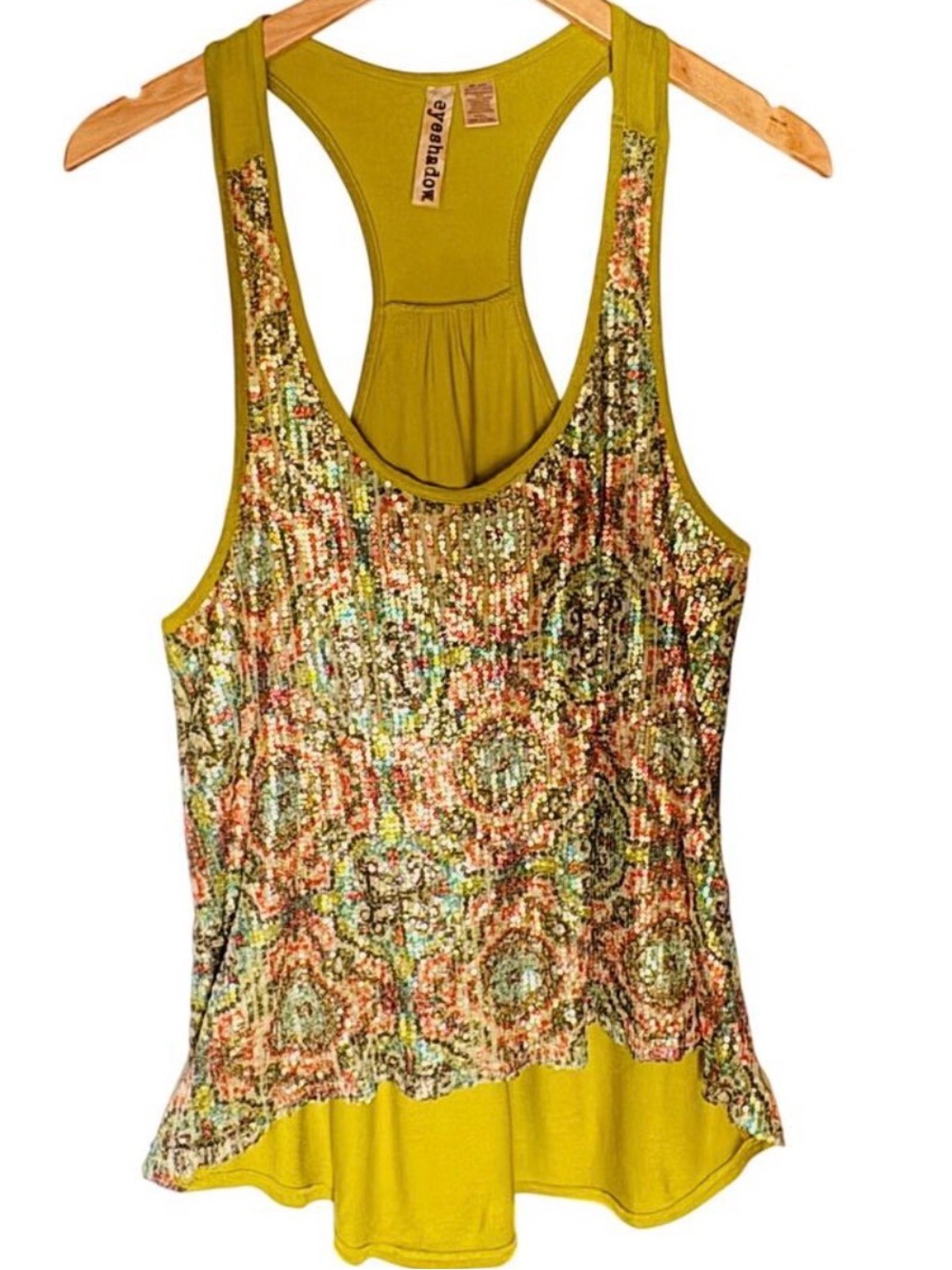 Vintage Y2K Eyeshadow Sequin Racerback Tank Top Large Trapeze High Low Hem